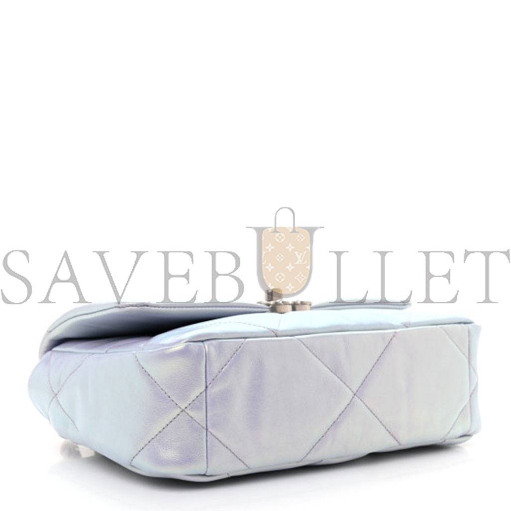 Ch*el iridescent calfskin quilted medium Ch*el 19 flap light silver purple blue as1160 (26*17*8cm)